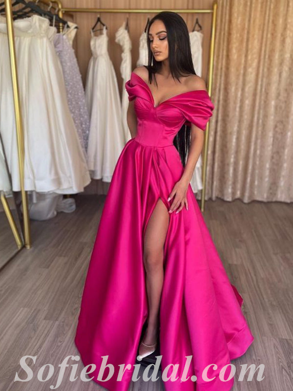 Sexy Satin Off Shoulder V-Neck Sleeveless A-Line Prom Dresses With Split ,SFPD0374