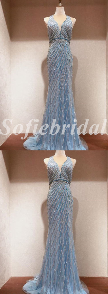 Elegant Special Fabric Spaghetti Straps V-Neck Sleeveless Mermaid Long Prom Dresses,PD0742