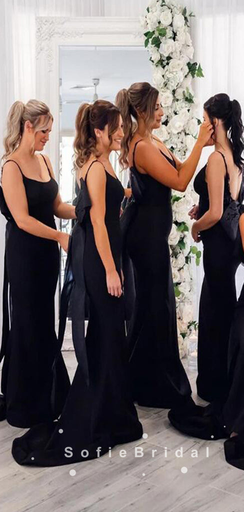 Mermaid Spaghetti Straps Black Long Bridesmaid Dresses With Bow Knot,SFWG0016