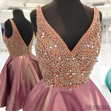 Backless V Neck Heavily Beaded Dusty Pink Homecoming Dresses, CM449