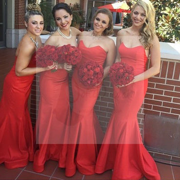 Beautiful Stunning Red Sweet Heart Sexy Mermaid Satin Long Wedding Guest Bridesmaid Dresses, WG164