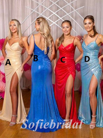 Sexy Spaghetti Straps V-Neck Sleeveless Side slit Mermaid Long Prom Dresses,PD0788