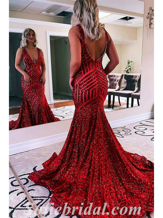 Sexy Shiny Sequin Spaghetti Straps V-Neck Sleeveless Mermaid Long Prom Dresses,SFPD0464