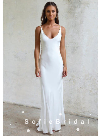 Sheath V-Neck Spaghetti Straps Cheap Long Beach Wedding Dresses,SFWD0016