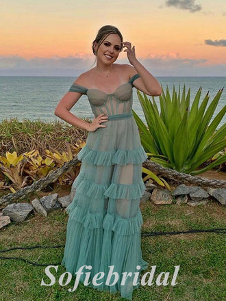 Sexy Tulle Off Shoulder Sleeveless A-Line Long Prom Dresses, PD0875