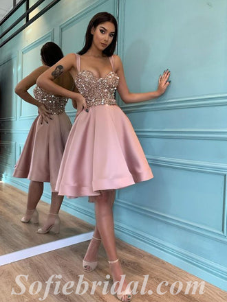 Sexy Sequin Top Satin Bottom Spaghetti Straps V-Neck Sleeveless A-Line Prom Dresses/Homecoming Dresses,SFPD0367