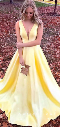 New Arrival A-Line Deep V-Neck Sleeveless Yellow Satin Long Prom Dresses,SFPD0017