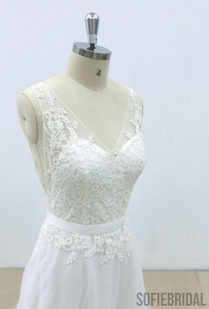 Simple V Neck Tulle Skirt Lace A-line Wedding Dresses Online, WD394