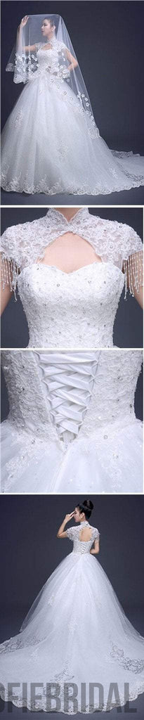 Charming High Neck Cap Sleeve Long A-line Open Back Lace Tulle Wedding Dresses, WD0171