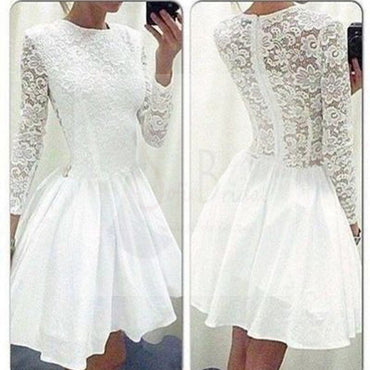 Long Sleeve White Chiffon Lace See Through Homecoming Dresses, SF0032