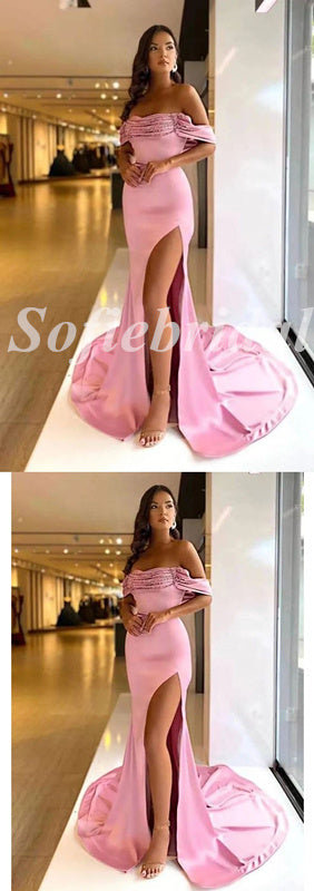 Sexy Sequin Off Shoulder Sleeveless Side Slit Mermaid Long Prom Dresses, PD0857