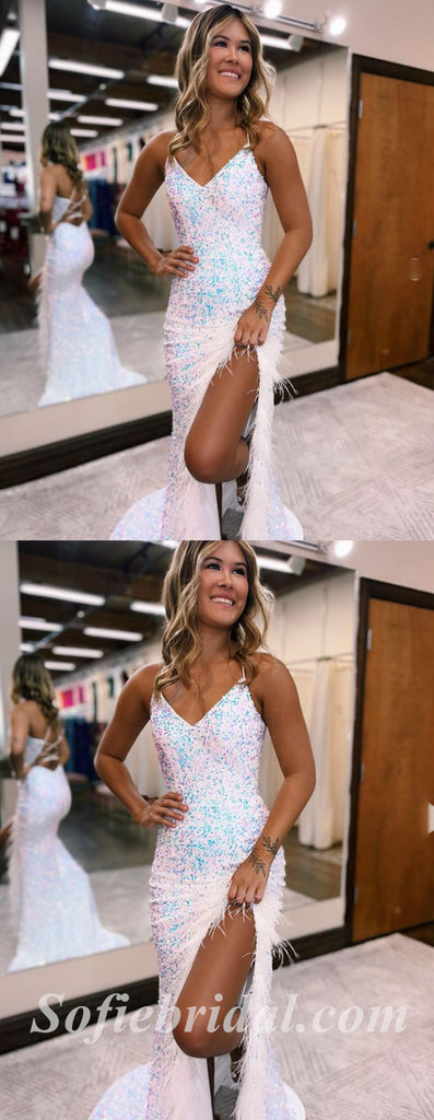 Sexy Charming White Sequin Spaghetti Straps V-Neck Sleeveless Side Slit Mermaid Long Prom Dresses With Feather,SFPD0533