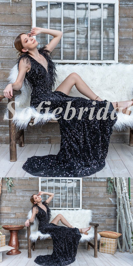 Sexy Black Sequin Spaghetti Straps Deep V-Neck Side Slit Mermaid Long Prom Dresses With Feather,SFPD0645
