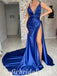 Sexy Royal Blue Satin Spaghetti Straps V-Neck Open Back Sleeveless Side Slit Mermaid Long Prom Dresses/Evening Dresses,SFPD0355