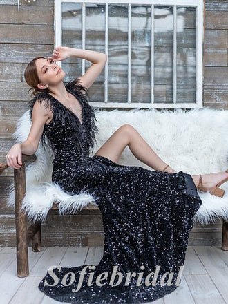 Sexy Black Sequin Spaghetti Straps Deep V-Neck Side Slit Mermaid Long Prom Dresses With Feather,SFPD0645