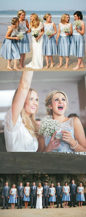 Popular Junior Short Pretty Blue Satin White Lace Bridesmaid Dresses for Beach Wedding