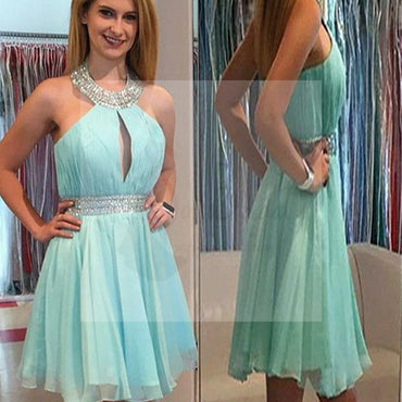 High Neck Mint Green Chiffon Formal Homecoming Prom Dresses, SF0031