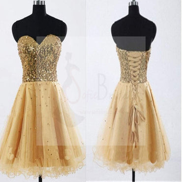 Sweetheart Lace Up Gold Sequin Organza Homecoming Prom Dresses, SF0065