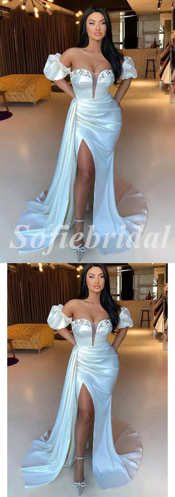 Sexy Satin Off Shoulder V-Neck Side Slit Mermaid Long Prom Dresses With Trailing,PD0755