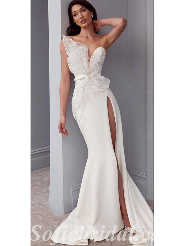 Elegant White Satin Sweetheart Sleeveless Side Slit Mermaid Long Prom Dresses With Belt,SFPD0430