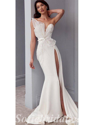 Elegant White Satin Sweetheart Sleeveless Side Slit Mermaid Long Prom Dresses With Belt,SFPD0430