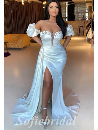 Sexy Satin Off Shoulder V-Neck Side Slit Mermaid Long Prom Dresses With Trailing,PD0755