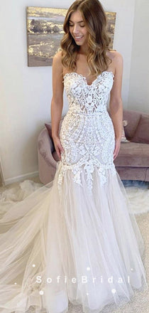 Mermaid Sweetheart Tulle Long Wedding Dresses With Lace,SFWD0019