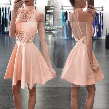 New Arrival Blush pink High neck open backs unique style homecoming prom dresses, BD001191
