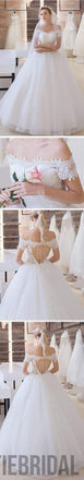 Vantage Off Shoulder Short Sleeve Lace Top Open Back Tulle Wedding Dresses, WD0197