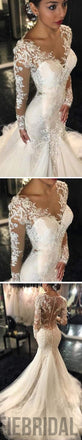 Luxury See Through Long Sleeve Sexy Mermaid Lace Tulle Wedding Dresses, WD0198