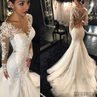Luxury See Through Long Sleeve Sexy Mermaid Lace Tulle Wedding Dresses, WD0198