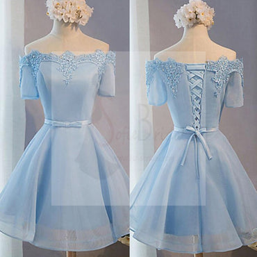 Light Blue off shoulder with short sleeve lace lovely homecoming prom dresses, BD00198