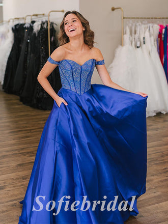 Sexy Sequin Top Satin Bottom Off Shoulder V-Neck Sleeveless A-Line Long Prom Dresses,SFPD0649