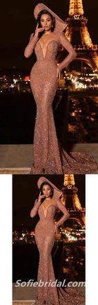 Elegant Sequin Long Sleeves V-Neck Mermaid Long Prom Dresses,SFPD0269