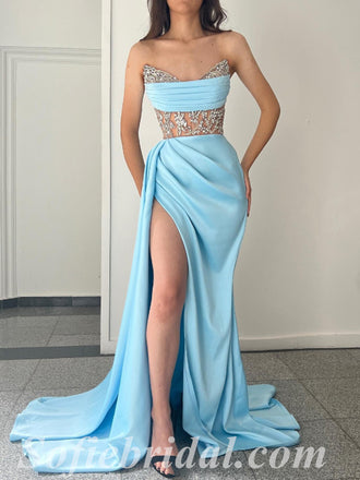 Sexy Sweetheart Satin Tulle Sleeveless Side Slit Mermaid Long Prom Dresses/Evening Dresses,SFPD0361