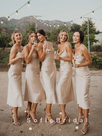 Simple Sheath Spaghetti Straps Tea Length Bridesmaid Dresses With Pleats,SFWG0019