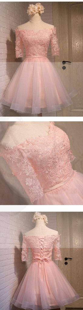 Simple Long Sleeve Lace Pink Short Homecoming Dresses, CM0006