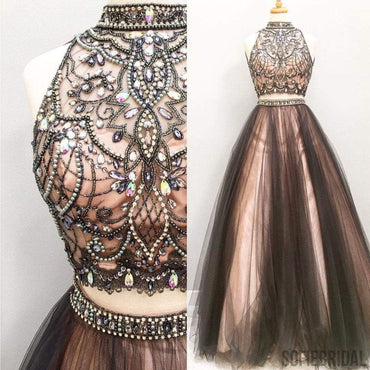 2 pieces Rhinestone Beaded Tulle Prom Dresses, Popular Affordable Long Prom Dresses, PD0318