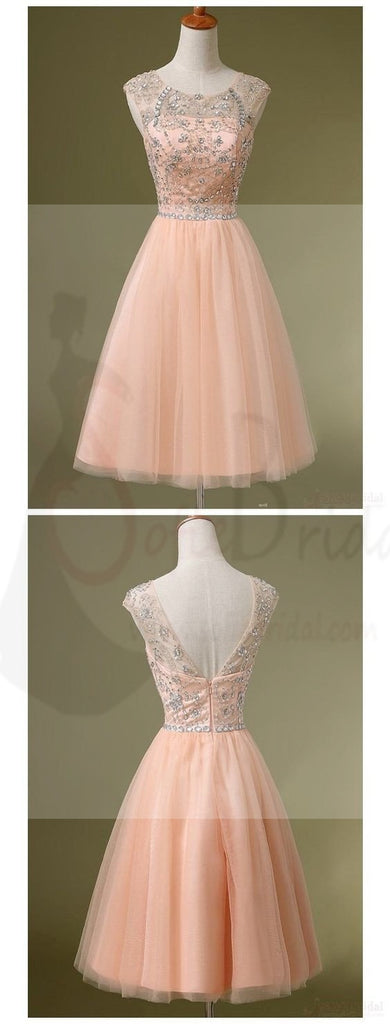 Peach Tulle Beaded Short Cute homecoming prom dresses, CM0031