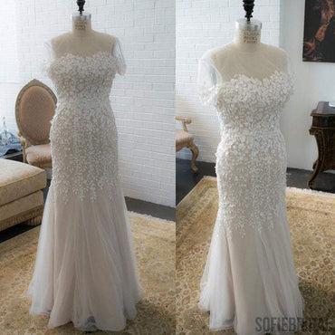 Vantage Sheath Appliques Cap Sleeve Tulle Wedding Dresses, WD0185