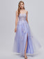 Cute Purple Lace Tulle Spaghetti Straps Side Slit A-Line Long Prom Dresses,SFPD0303