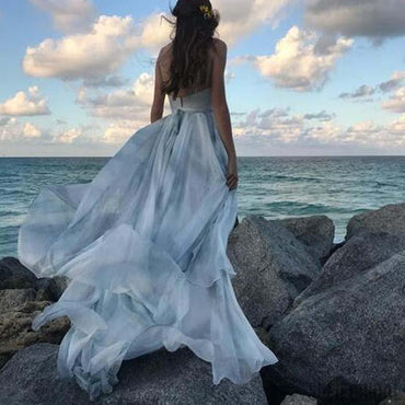 Unique Spaghetti V-neck Print Chiffon Long A-line Real Made Prom Dresses, PD0286