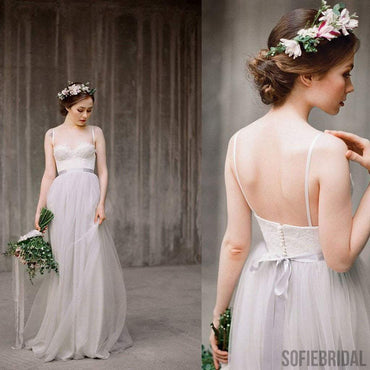 Spaghetti Lace Top Light Grey A-line Simple Design Wedding Dresses, Beach Wedding Dresses, WD0224