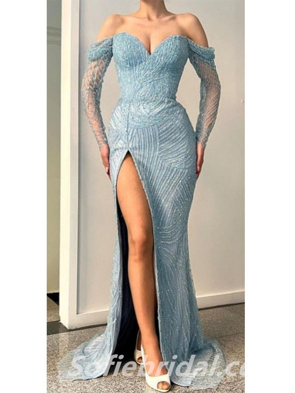 Sexy Long Sleeves Off Shoulder V-Neck Side Slit Mermaid Long Prom Dresses,SFPD0225