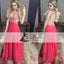 V-neck Read Beaded Open Back Prom Dresses, Sexy A-line Prom Dresses, Prom Dresses, PD0448