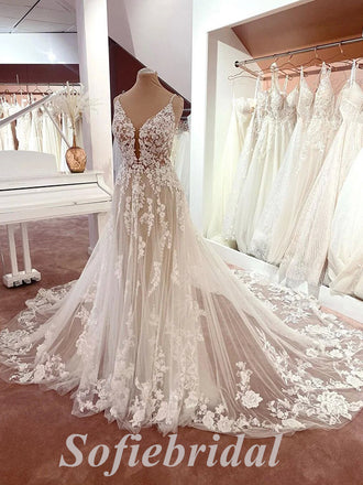 Elegant Spaghetti Straps V-Neck Sleeveless Backless A-Line Long Wedding Dresses,SFWD0075