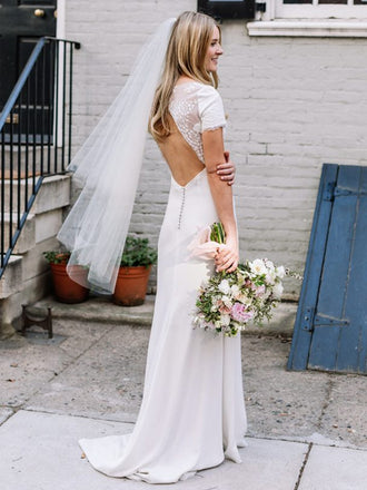 Sheath Deep V-neck Open-back Short Sleeves Wedding Dresses, WD0501