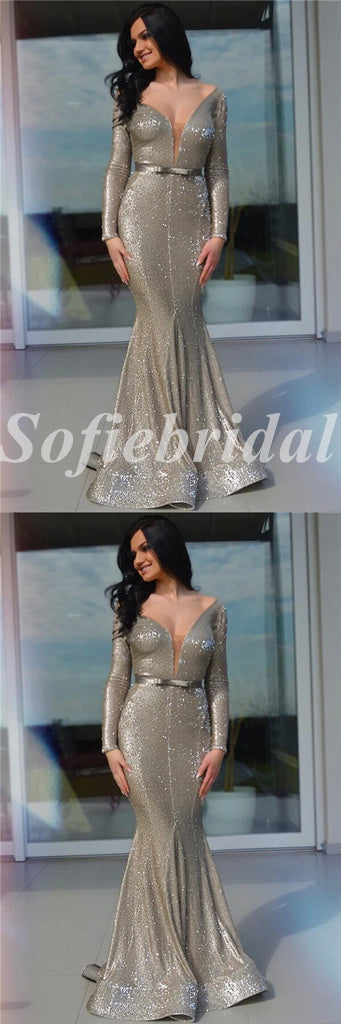 Sexy Sequin Deep V-Neck Long Sleeve Mermaid Long Prom Dresses With Belt,SFPD0725