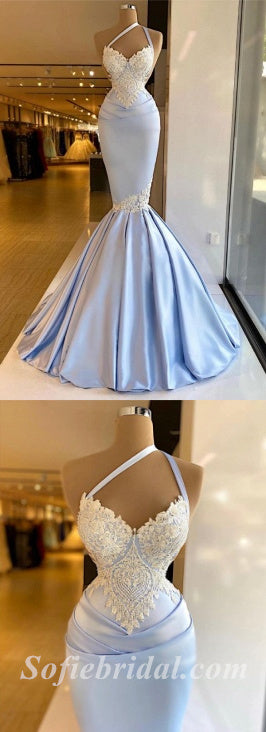 Sexy Gorgeous Satin One Shoulder V-Neck Sleeveless Mermaid Long Prom Dresses With Applique,SFPD0381