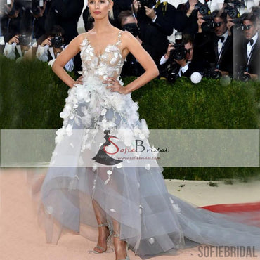 Inspired By Karolina Kurkova Met Gala Grey Floral Dresses, Hi-low Prom Dresses, PD0381